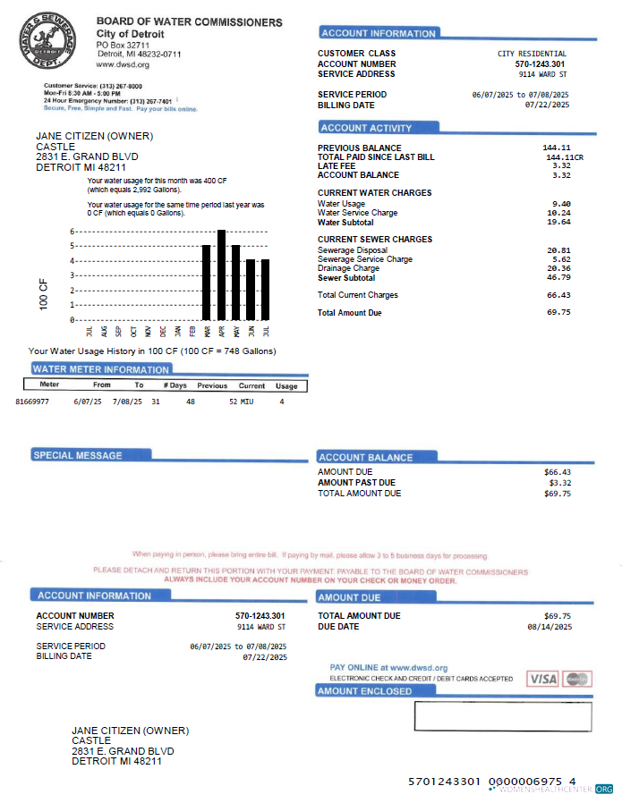 download USA Board of Water Commissioners utility bill template in Word and PDF formats PDF template